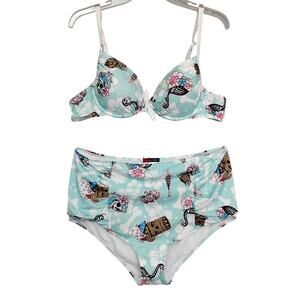 Hell Bunny Suki Hibiscus Tiki  Flamingo Pinup 50's Bathing Suit Set Size 2XL